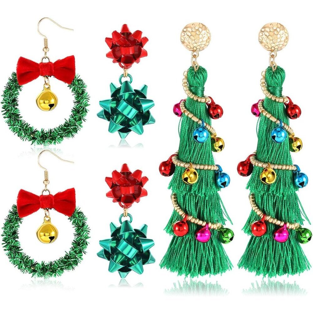 Long Tassel Christmas Earrings with Bow, Wreath & Tree Designs - Perfect Gifts